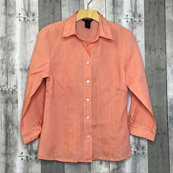 Willi Smith- 100% Linen Coral Peach Button Down Blouse w/3/4 Sleeves, Size 8 - Picture 1 of 13